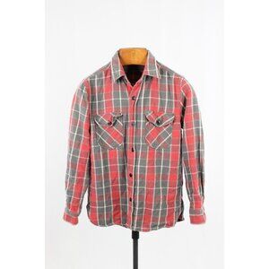 LEE Red Grey Plaid Check Cotton Flannel Button Down Shirt, Size M